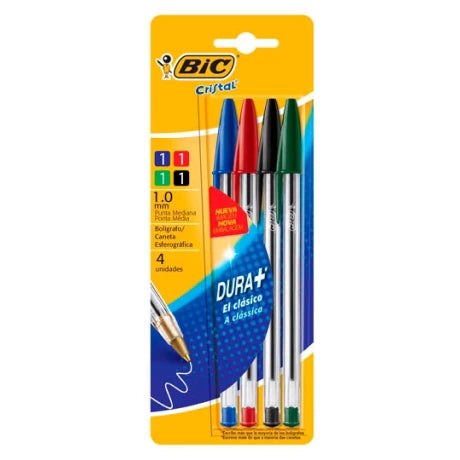 Boligrafo bic cristal rojo/azul/verde/negro blister x 4